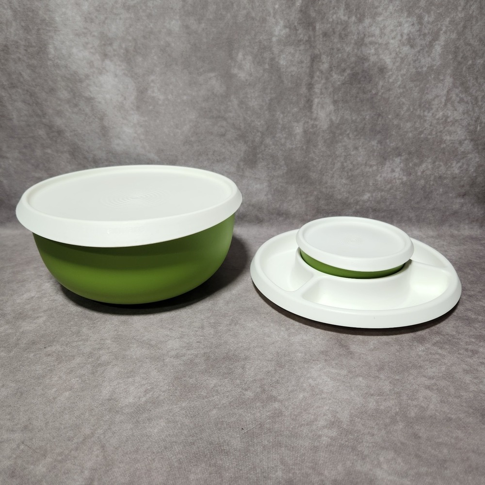 TUPPERWARE Essentials Blossom Party 5 pc Green Section Tray Bowls Lid condiment